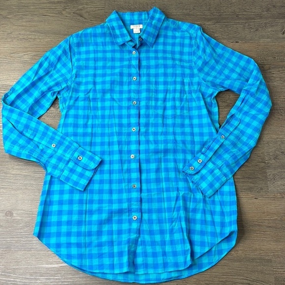 J. Crew Factory Women’s Gingham Classic Button Down Shirt, Blue and Teal, sz Sm - Picture 1 of 8